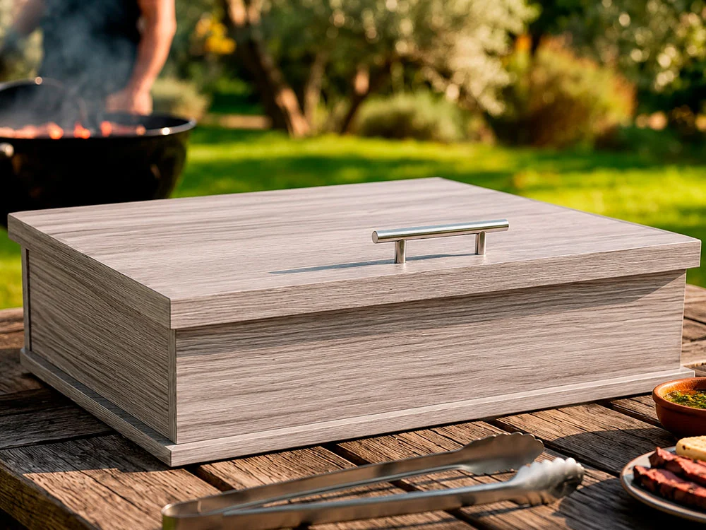 Organizador con acabado Linosa junto al asador